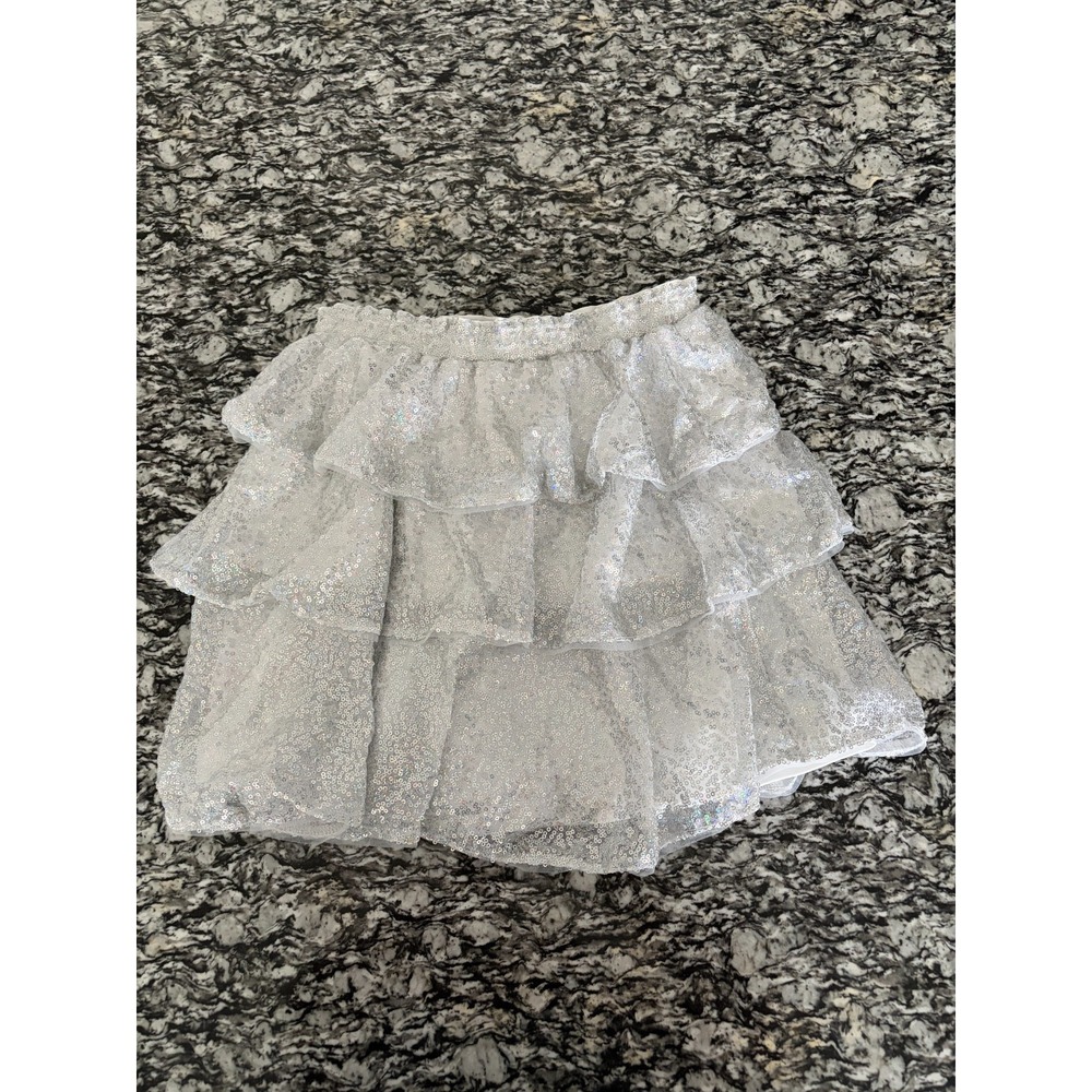 Grace Karin Mini Skirt Girl 14Y Silver Lined Sequin Sparkly Layered Ruffle Party
